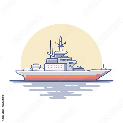 Stylized Cartoon Style Warship Illustration Vessel Floating on Water in Front of a Large Circular Shape