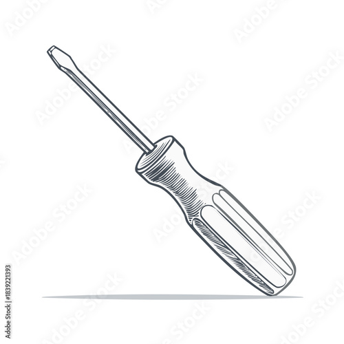 Stylized hand-drawn illustration of a flat-head screwdriver with a striped handle, tool equipment, home repairs, and improvements