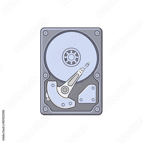 Open Hard Disk Drive Illustration, Computer Data Storage, Magnetic Rotating Disc Drive, Mechanism Elements, Electronics