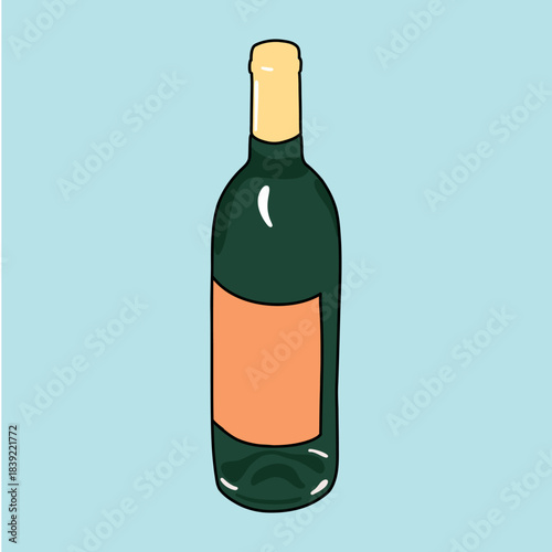 Gold and Green Wine Bottle Isolated on Light Blue Background. with Blank Label Celebration Icon, Party, Christmas, Birthday or Wedding Concept