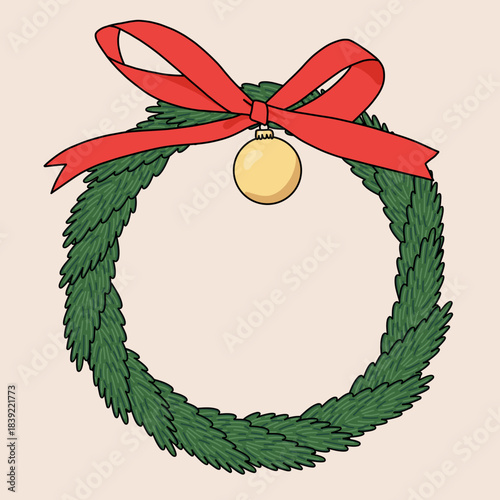 Decorative Christmas Wreath Icon Isolated on Clear Background with Big Red Bow Ribbon and Golden Ball