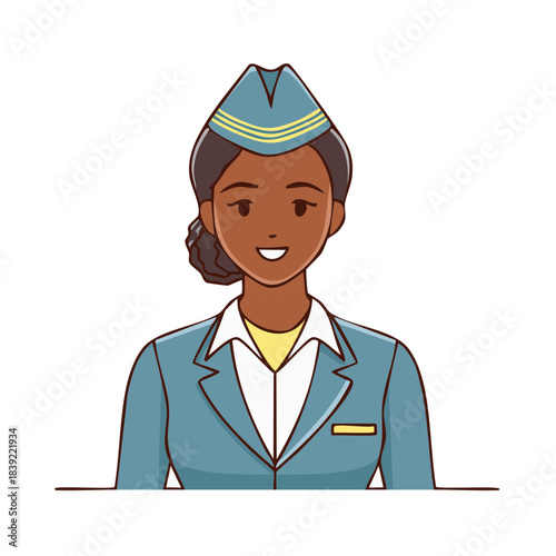 Friendly Dark Haired Air Hostess in Uniform Smiling Portrait Illustration