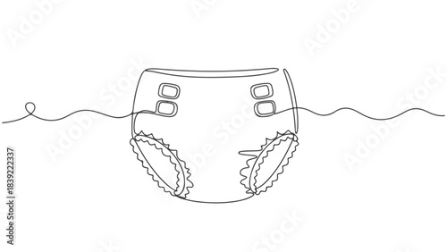 A minimalist continuous line drawing of a baby diaper with wavy lines on either side.