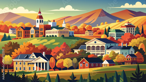 Very beautiful town skyline of Montpelier, Vermont, featuring rolling hills, colorful fall forests, and quiet architectural silhouettes under a soft glowing sky, ideal for serene seasonal landscape co