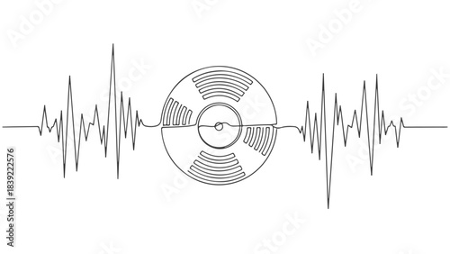 A continuous line drawing of a vinyl record in the center, with a sound wave or heartbeat line extending outwards on both sides.
