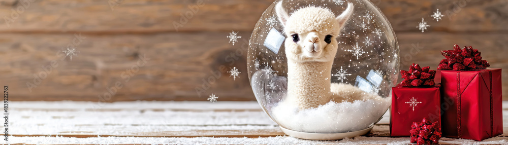 Obraz premium Christmas alpaca decoration in snow globe with red gift box and snowflake on wooden background creates festive joyful holiday scene
