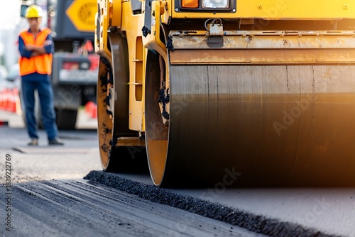 Close-up image of a yellow road roller compacting fresh asphalt, showcasing the worn drum, smooth new road surface, vibrant construction setting, and a worker in the bright background.