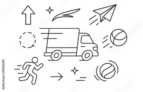 Delivery truck moves quickly while a person runs and objects fly in various directions during a busy scene