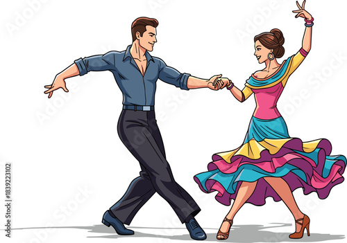 Colorful couple dancing together in vibrant traditional costume, elegant man and woman performing energetic dance movement, cultural celebration illustration
