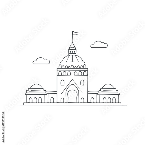 Stylized Architectural Sketch of a Historical Tower with Flag and Clouds