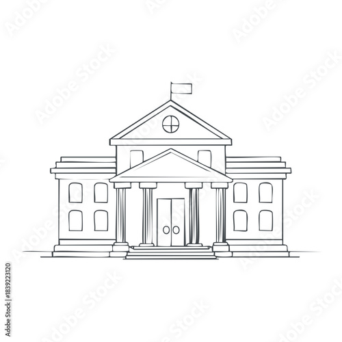 Government Building Sketch Illustration with Pillars, Flag, and Classic Architecture