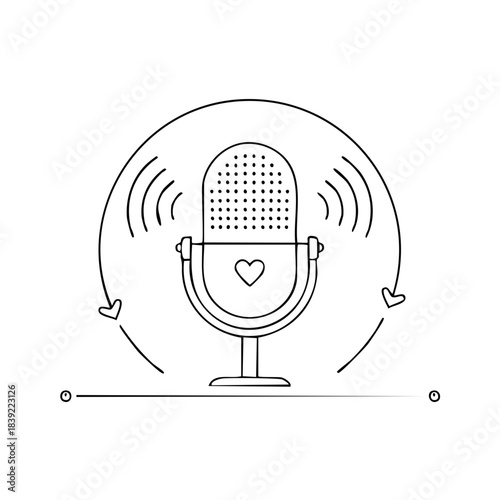 Vintage microphone graphic, podcasting studio equipment and streaming audio with heart, black and white line art