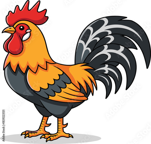 Colorful cartoon rooster illustration standing proud with detailed feathers, farm animal artwork, poultry bird design, vector drawing for stock
