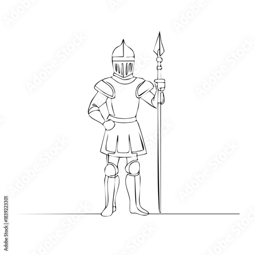 Minimalist One Line Art Illustration of a Brave Medieval Knight Standing Guard Holding a Tall Spear