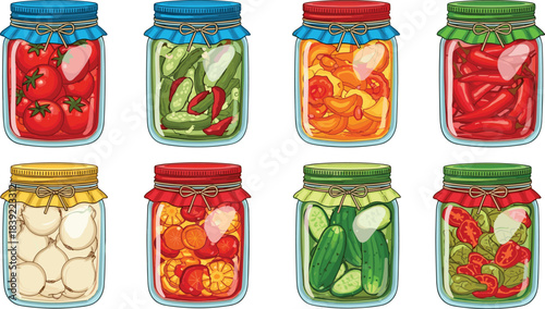 Colorful glass jars with pickled vegetables, preserved food illustration, homemade pickles, organic farm produce, healthy eating, kitchen storage design