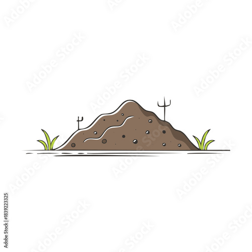 Molehill illustration on a white background with dirt mound and sparse green grass