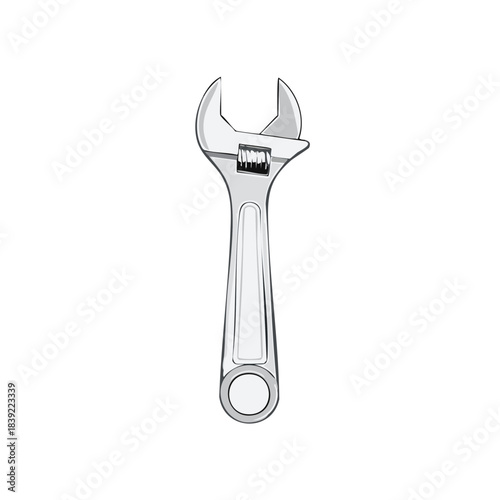Adjustable Wrench on White Background Repair Equipment Silver Tone Illustration