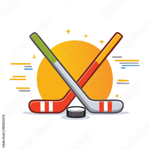 Two Hockey Sticks Crossed with Puck and Background Illustration Element, Orange and Green Sporting Equipment, Hockey Concept Image