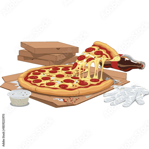 High-angle, mouth-watering still life illustration of a delicious, freshly baked pizza with several slices pulled away and placed on a wooden cutting board, surrounded by ingredients like cheese, herb