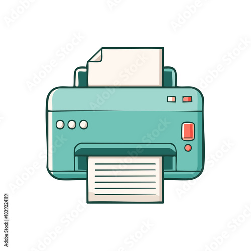 Cartoonish teal printer, document on top and a printout on the bottom, vector illustration