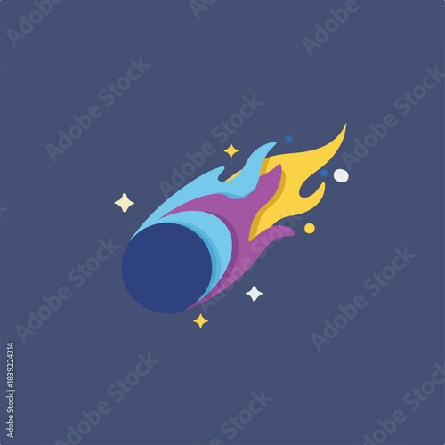 A vibrant flat-design illustration of a colorful comet with a blue body and a flowing multi-colored tail, surrounded by stars and dots on a dark blue background.