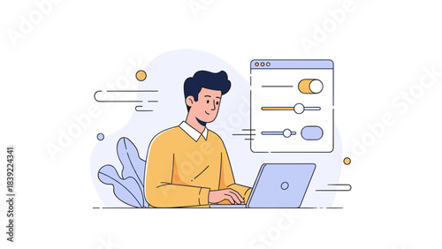 Young caucasian male using laptop with user interface elements in background