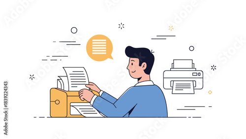 Asian male adult office worker printing documents with printer and filing cabinet