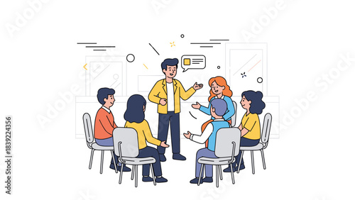 Diverse group therapy session with counselor and participants engaged in discussion