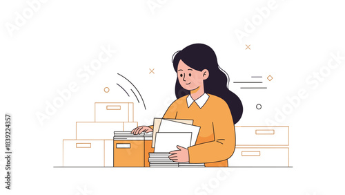 Asian female young adult organizing documents in office setting