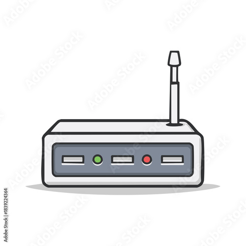 Stylized White Router Illustration with Antenna, Ports and Light Indicators, Modern Technology for Internet Connectivity