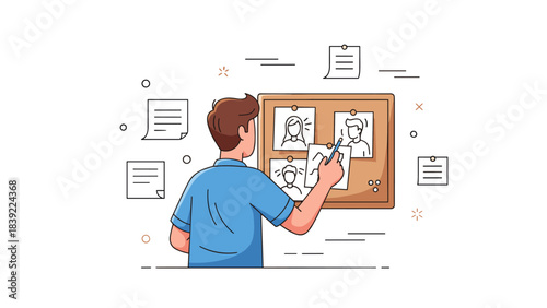 Caucasian male adult examining photos on bulletin board in office setting