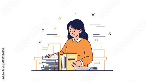Asian young female organizing documents at office desk