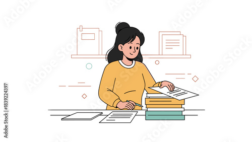 Asian female teen studying with books and papers in a classroom setting