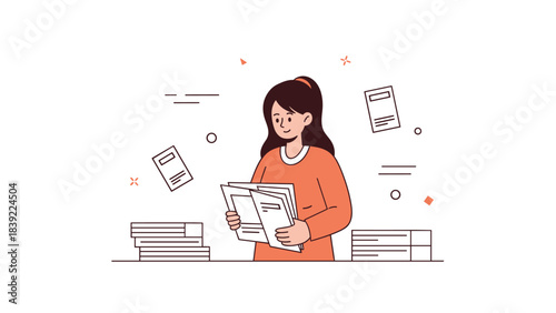 Young hispanic female reading papers at desk with books and floating pages