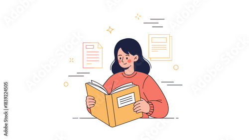 Asian female teen reading book happily in cozy environment