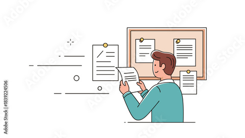Caucasian male adult reviewing documents on bulletin board
