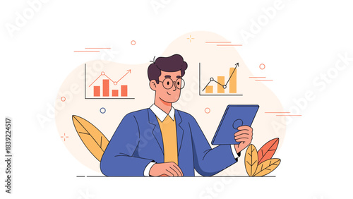 Young caucasian male analyzing data on tablet in office with charts