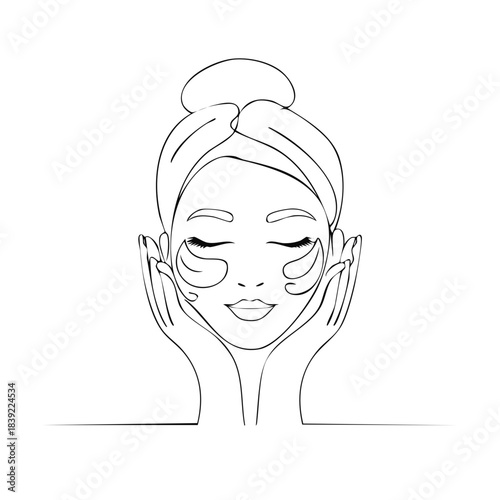Woman face outline applying eye patches, beauty treatment minimal illustration