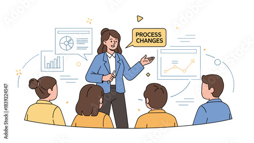 Caucasian female adult presenting process changes to colleagues in office meeting