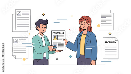 Young caucasian male and female animated characters in professional setting with portfolios