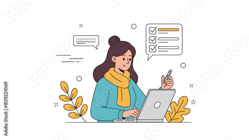 Female character working on laptop with checklists and speech bubbles