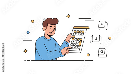 Young caucasian male engaging with calendar for planning and organization