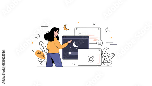 Young hispanic female exploring digital night landscape on screens