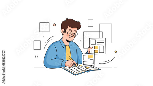 Young caucasian male designer creating layouts with notebook and graphics