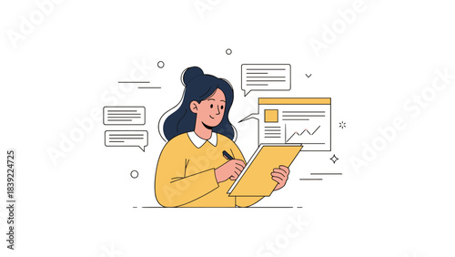 Asian female adult analyzing data on tablet with casual business attire