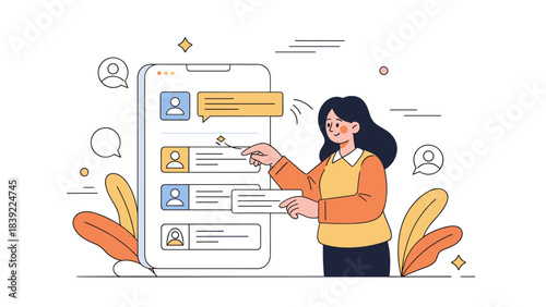 Asian female adult engaging with social media on smartphone illustration