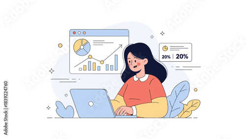 Asian female analyzing data on laptop with charts and graphs