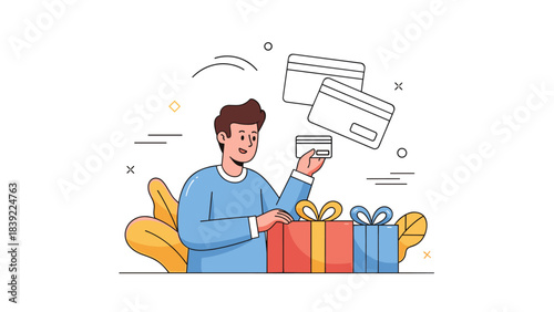 Young caucasian male shopping with credit cards and gifts