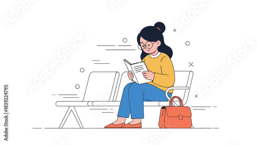 Young asian female reading a book on bench in casual outfit with red bag