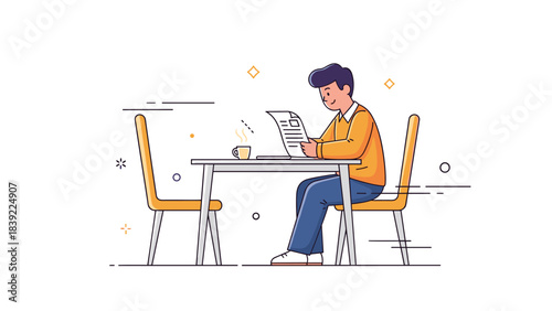 Young male reading newspaper at table with coffee in minimalist setting